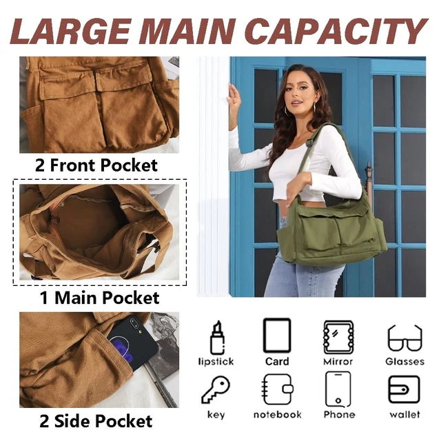 Alt view image 5 of 7 - Canvas Messenger Bag Large Hobo Bag Crossbody Shoulder Bag Tote Bag with Pocket for Women and Men (Black)