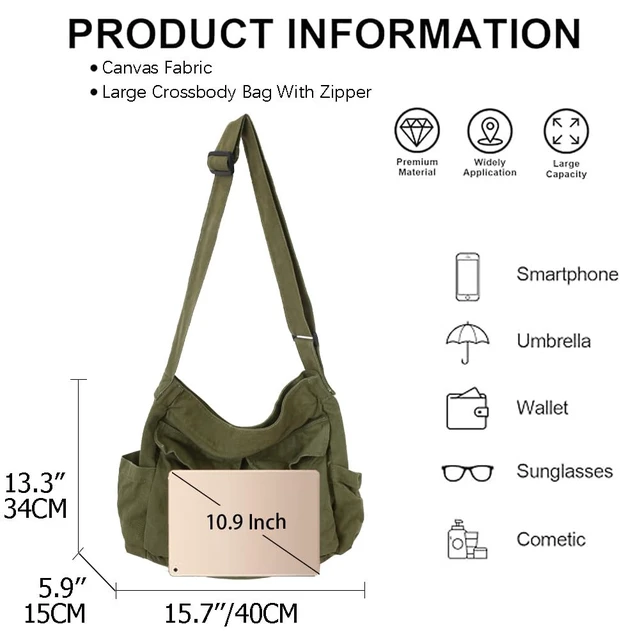 Alt view image 7 of 7 - Canvas Messenger Bag Large Hobo Bag Crossbody Shoulder Bag Tote Bag with Pocket for Women and Men (Black)