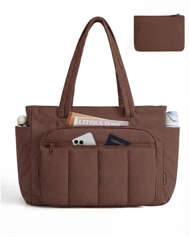 Main image of Tote Bag for Women, 2 Set Puffer Tote Bag with Zipper, Quilted Nurse Handbags for Work Travel College, Chocolate