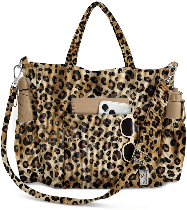 Main image of Corduroy Crossbody Tote Bag for Women, Leopard Print | Large Capacity, Zipper Closure, Multi-Pocket Storage, Adjustable Shoulder Strap, Corduroy Texture, Work Daily Essentials