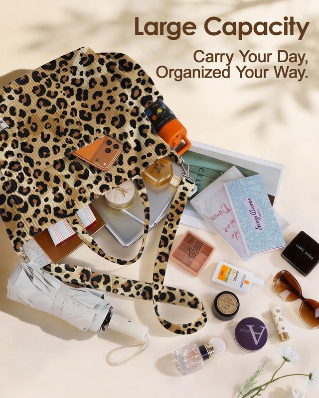 Alt view image 4 of 6 - Corduroy Crossbody Tote Bag for Women, Leopard Print | Large Capacity, Zipper Closure, Multi-Pocket Storage, Adjustable Shoulder Strap, Corduroy Texture, Work Daily Essentials