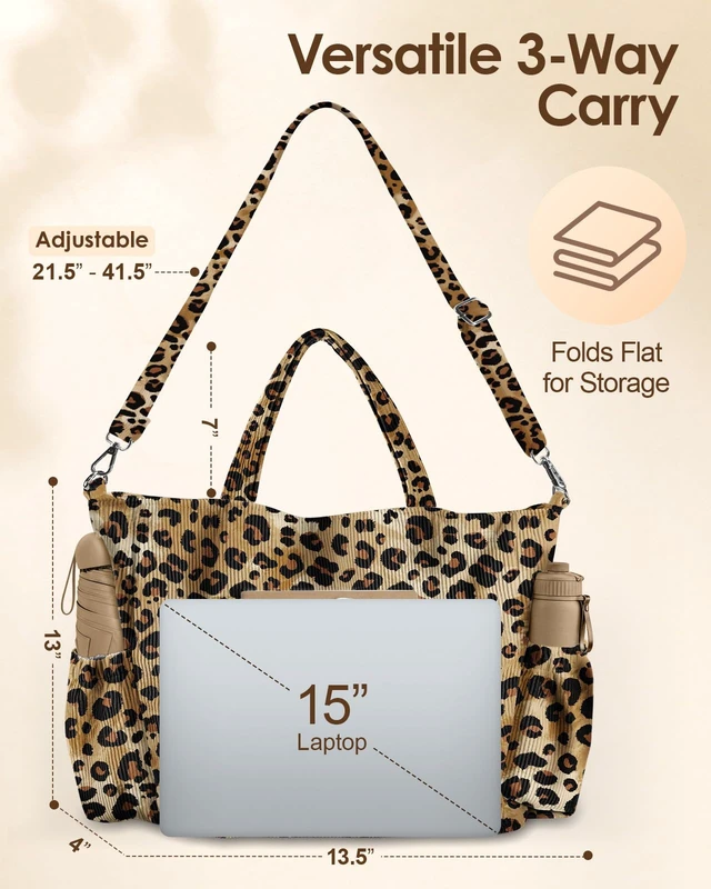 Alt view image 6 of 6 - Corduroy Crossbody Tote Bag for Women, Leopard Print | Large Capacity, Zipper Closure, Multi-Pocket Storage, Adjustable Shoulder Strap, Corduroy Texture, Work Daily Essentials