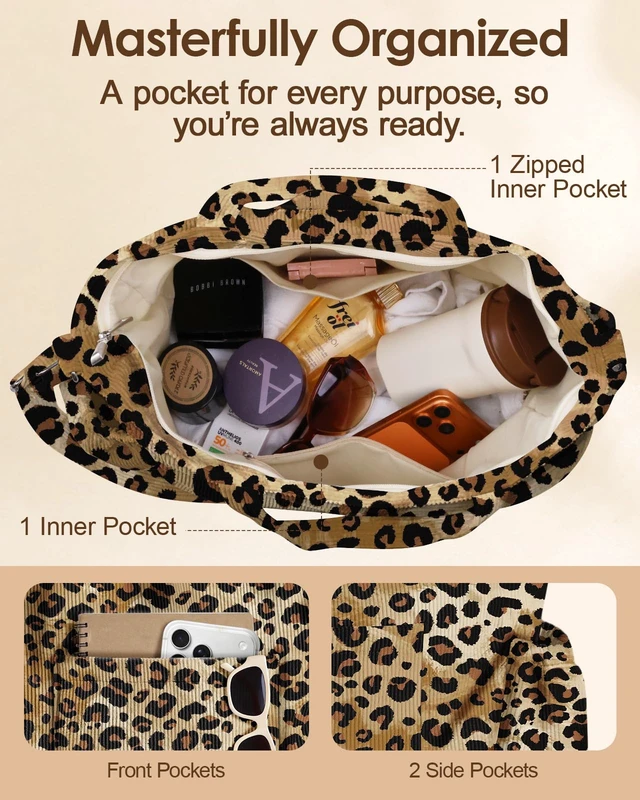 Alt view image 5 of 6 - Corduroy Crossbody Tote Bag for Women, Leopard Print | Large Capacity, Zipper Closure, Multi-Pocket Storage, Adjustable Shoulder Strap, Corduroy Texture, Work Daily Essentials