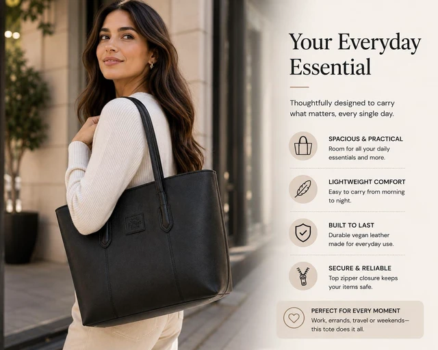 Alt view image 3 of 7 - Women with Zipper, Black | Lightweight, PU Leather, Travel Purse, Shoulder Tote Bag, For Work & Vacation