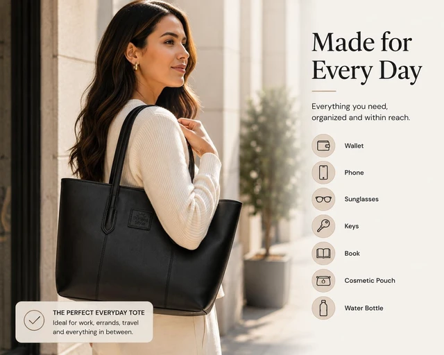 Alt view image 7 of 7 - Women with Zipper, Black | Lightweight, PU Leather, Travel Purse, Shoulder Tote Bag, For Work & Vacation