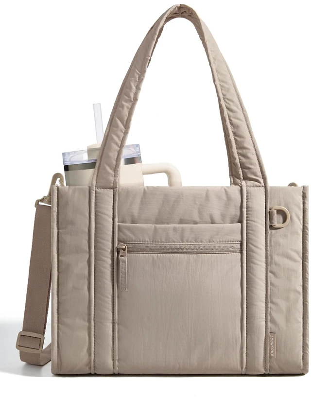 Main image of Boxy Tote Bag for Women, Crossbody Bag with Zipper, Crush Bow Purses for Travel Work College, Camel, Small