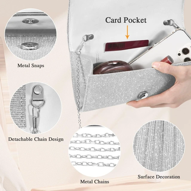 Alt view image 7 of 7 - Silver Evening Bag Clutch Purses for Women Formal Handbag Crossbody | Sparkly Dressy Envelope Clutch Bag Small Fancy Bag with Detachable Chain for Wedding Party Cocktail Prom Engagement Occasions