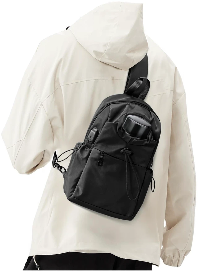 Main image of Black Sling Crossbody Bag for Men Women, Tactical Backpack Shoulder Daypack Mini Anti-Theft Cross Body Motorcycle Chest Bags, Small One Strap Fanny Back Pack for Casual Travel Hiking Sport Gym