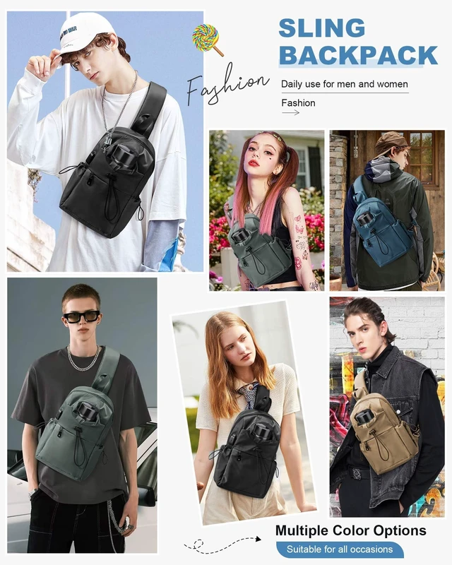 Alt view image 2 of 7 - Black Sling Crossbody Bag for Men Women, Tactical Backpack Shoulder Daypack Mini Anti-Theft Cross Body Motorcycle Chest Bags, Small One Strap Fanny Back Pack for Casual Travel Hiking Sport Gym