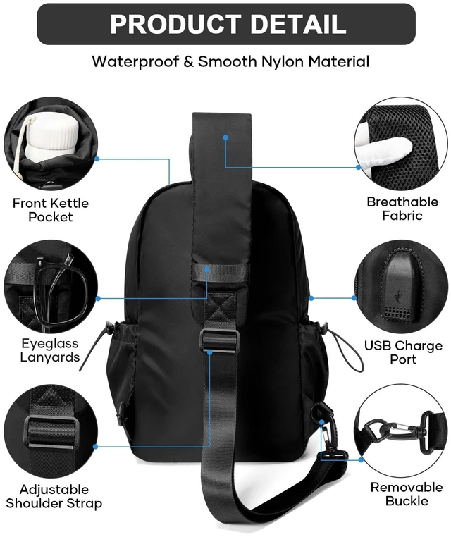 Alt view image 3 of 7 - Black Sling Crossbody Bag for Men Women, Tactical Backpack Shoulder Daypack Mini Anti-Theft Cross Body Motorcycle Chest Bags, Small One Strap Fanny Back Pack for Casual Travel Hiking Sport Gym
