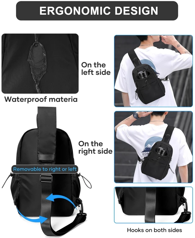 Alt view image 5 of 7 - Black Sling Crossbody Bag for Men Women, Tactical Backpack Shoulder Daypack Mini Anti-Theft Cross Body Motorcycle Chest Bags, Small One Strap Fanny Back Pack for Casual Travel Hiking Sport Gym
