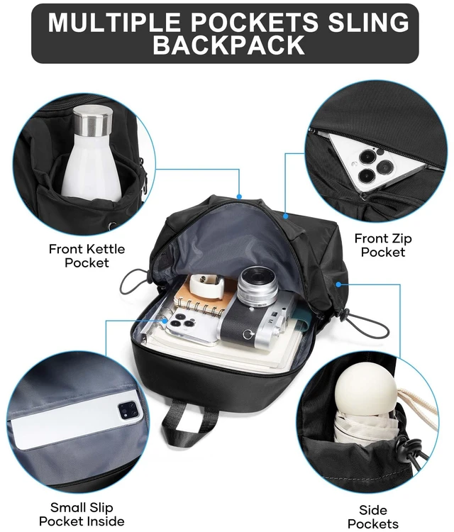 Alt view image 6 of 7 - Black Sling Crossbody Bag for Men Women, Tactical Backpack Shoulder Daypack Mini Anti-Theft Cross Body Motorcycle Chest Bags, Small One Strap Fanny Back Pack for Casual Travel Hiking Sport Gym