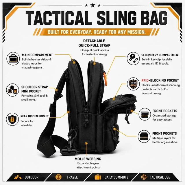 Alt view image 3 of 7 - RFID Blocking Tactical Crossbody Bag for Men - Durable EDC Sling Shoulder Bag with Multi-Pocket Storage