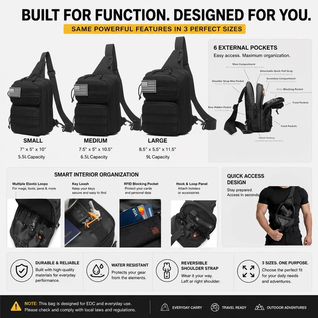 Alt view image 4 of 7 - RFID Blocking Tactical Crossbody Bag for Men - Durable EDC Sling Shoulder Bag with Multi-Pocket Storage