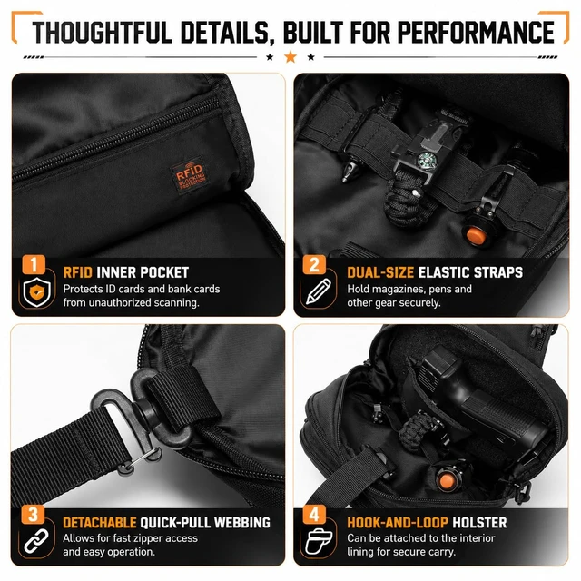 Alt view image 5 of 7 - RFID Blocking Tactical Crossbody Bag for Men - Durable EDC Sling Shoulder Bag with Multi-Pocket Storage