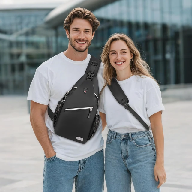 Alt view image 7 of 7 - Small Sling Bag for Men, Crossbody Shoulder Chest Daypack Bag | Sling Backpack for Casual Travel Hiking, Black, Medium