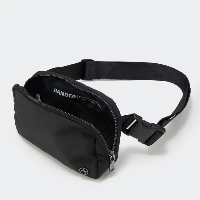 Alt view image 3 of 7 - Crossbody Belt Bag for Women and Men, Travel and Everyday Use, Black | Nylon belt bag with three mesh pockets, wide zipper opening and adjustable strap for crossbody or waist wear