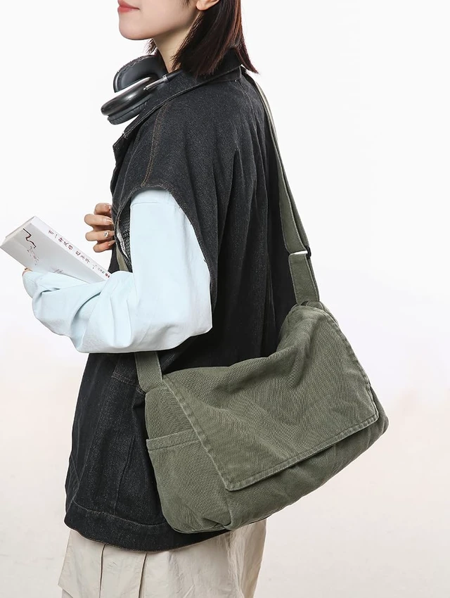 Alt view image 4 of 6 - Messenger Bag for Women Men Satchel Bag Canvas Crossbody Shoulder Bag Casual Sling Bag(green)