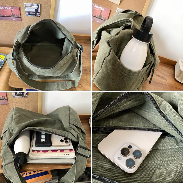 Alt view image 5 of 6 - Messenger Bag for Women Men Satchel Bag Canvas Crossbody Shoulder Bag Casual Sling Bag(green)