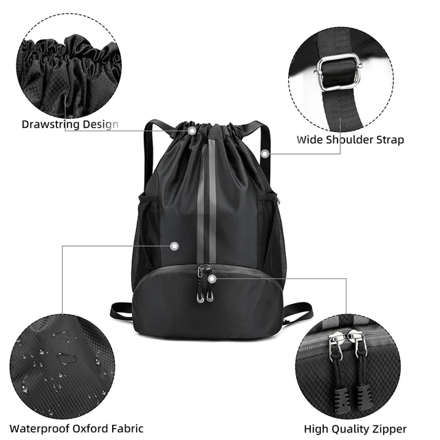 Alt view image 3 of 7 - Sports Drawstring Backpack - Water Resistant String Bag Black | with Side Mesh Pockets Shoe Compartment Gym Backpack for Women & Men