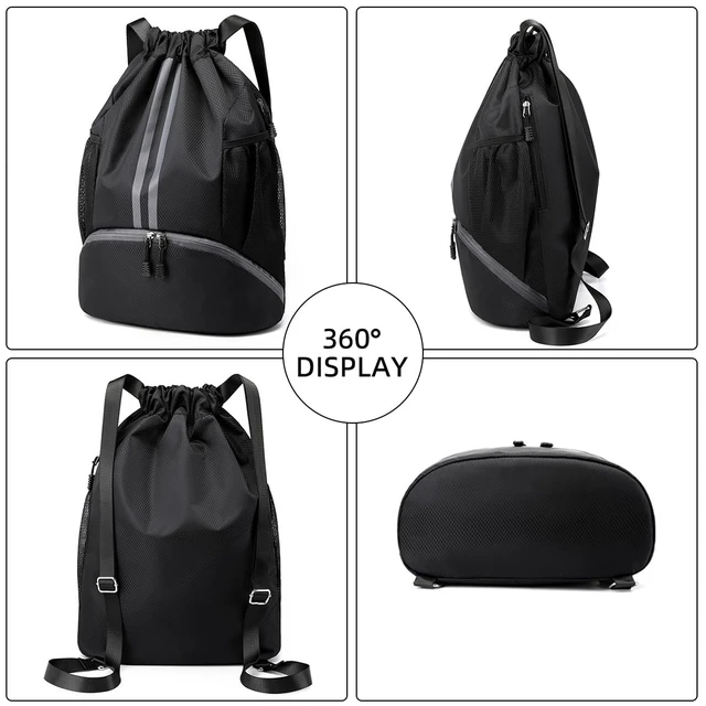 Alt view image 5 of 7 - Sports Drawstring Backpack - Water Resistant String Bag Black | with Side Mesh Pockets Shoe Compartment Gym Backpack for Women & Men