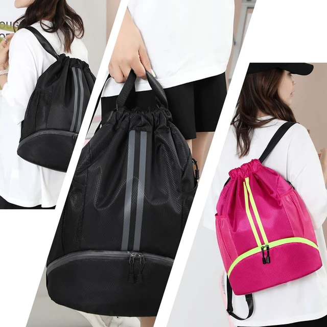 Alt view image 6 of 7 - Sports Drawstring Backpack - Water Resistant String Bag Black | with Side Mesh Pockets Shoe Compartment Gym Backpack for Women & Men