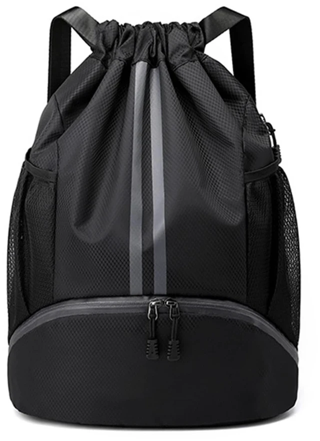 Main image of Sports Drawstring Backpack - Water Resistant String Bag Black | with Side Mesh Pockets Shoe Compartment Gym Backpack for Women & Men