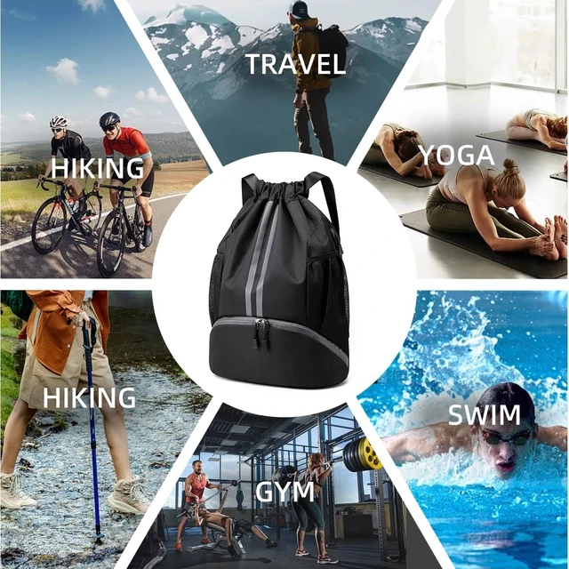 Alt view image 7 of 7 - Sports Drawstring Backpack - Water Resistant String Bag Black | with Side Mesh Pockets Shoe Compartment Gym Backpack for Women & Men
