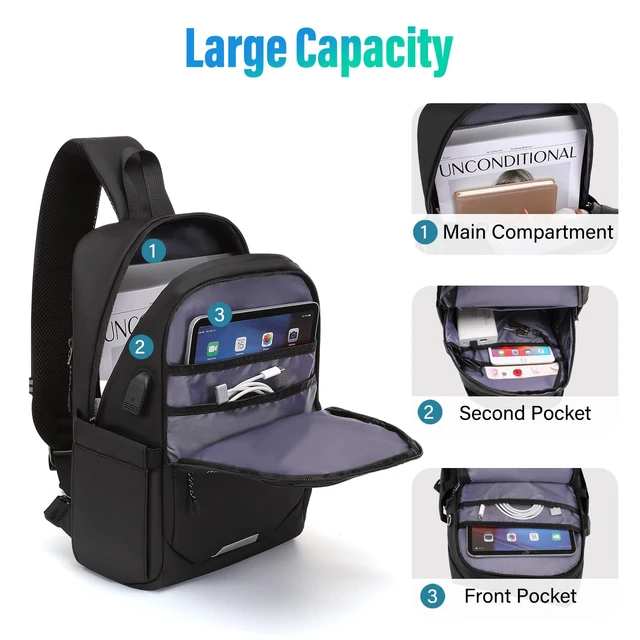 Alt view image 4 of 7 - Sling Backpack Travel Hiking Daypack,Large Crossbody Sling Bag | with USB Charging Port for Men Women 3 Layer Pockets One Shoulder Bag for Outdoor Sports Casual Commuting, Black