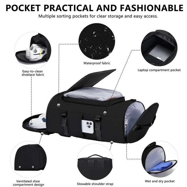 Alt view image 5 of 6 - Gym Bag with Shoes Compartment, Duffle Bag, Backpack with Wet Pocket | 3-Way Carry Travel Backpack, Sports Backpack for Men Women, Weekender Overnight Bag for Gym Travel Sports - Black