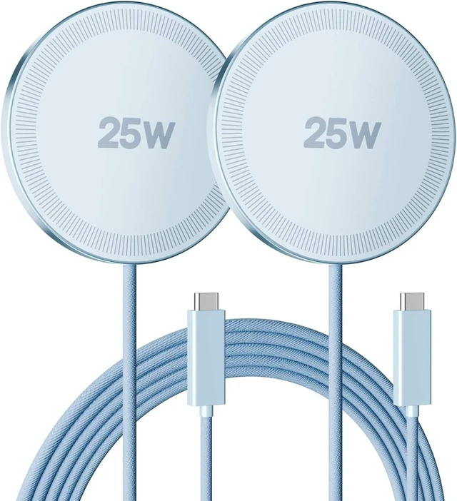 Main image of Core Tech Magnetic Wireless Charger 2-Pack, Up to 25W Charging Pads with 1.2m USB-C Cables, for Compatible iPhone 12-17 and AirPods Cases, Blue