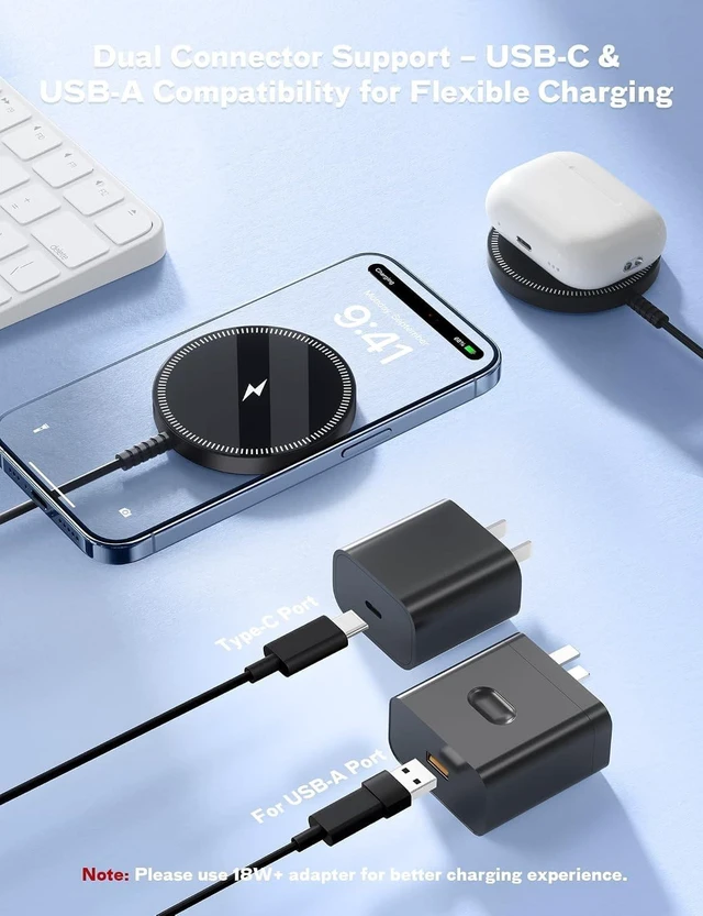 Alt view image 4 of 7 - Core Tech Magnetic Wireless Charger 1-Pack, 3.96ft USB-C Cable with USB-A Adapter, Charging Pad for Compatible iPhone 12-17 and AirPods Cases, Black