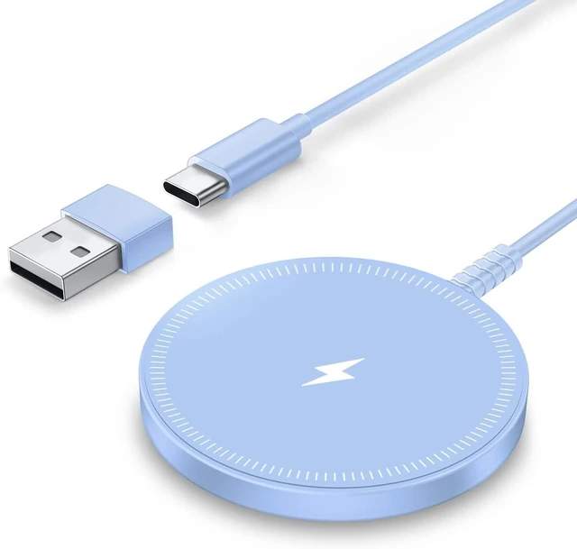 Main image of Core Tech Magnetic Wireless Charger 1-Pack, 3.96ft USB-C Cable with USB-A Adapter, Charging Pad for Compatible iPhone 12-17 and AirPods Cases, Blue