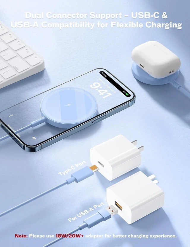 Alt view image 4 of 7 - Core Tech Magnetic Wireless Charger 1-Pack, 3.96ft USB-C Cable with USB-A Adapter, Charging Pad for Compatible iPhone 12-17 and AirPods Cases, Blue