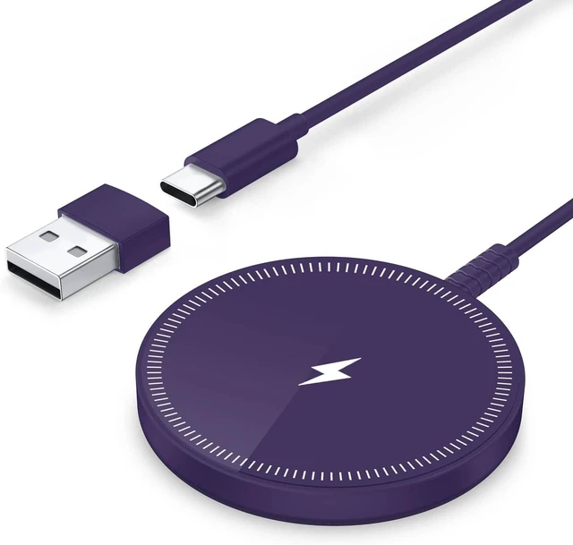 Main image of Core Tech Magnetic Wireless Charger 1-Pack, 3.96ft USB-C Cable with USB-A Adapter, Charging Pad for Compatible iPhone 12-17 and AirPods Cases, Purple
