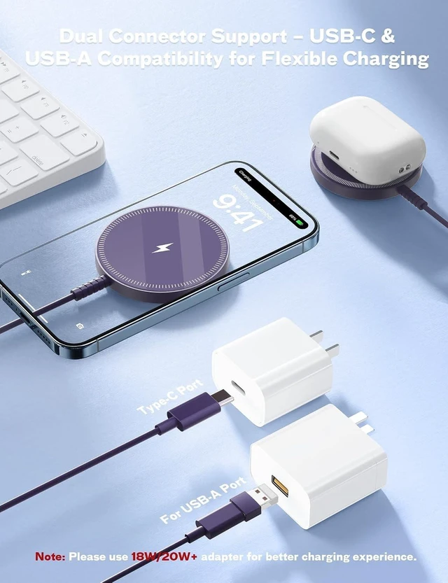 Alt view image 4 of 7 - Core Tech Magnetic Wireless Charger 1-Pack, 3.96ft USB-C Cable with USB-A Adapter, Charging Pad for Compatible iPhone 12-17 and AirPods Cases, Purple