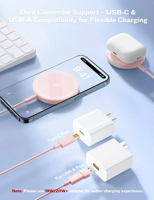 Alt view image 4 of 7 - Core Tech Magnetic Wireless Charger 1-Pack, 3.96ft USB-C Cable with USB-A Adapter, Charging Pad for Compatible iPhone 12-17 and AirPods Cases, Pink