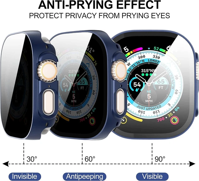 Alt view image 3 of 6 - Core Tech 3-Pack Privacy Case for Apple Watch Ultra 49mm, 9H Tempered Glass Screen Protector with Hard PC Bumper, Black/Blue/Clear