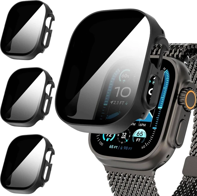 Main image of Core Tech 3-Pack Privacy Case for Apple Watch Ultra 49mm, 9H Tempered Glass Screen Protector with Hard PC Bumper, Black