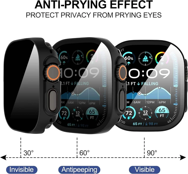 Alt view image 4 of 7 - Core Tech 3-Pack Privacy Case for Apple Watch Ultra 49mm, 9H Tempered Glass Screen Protector with Hard PC Bumper, Black