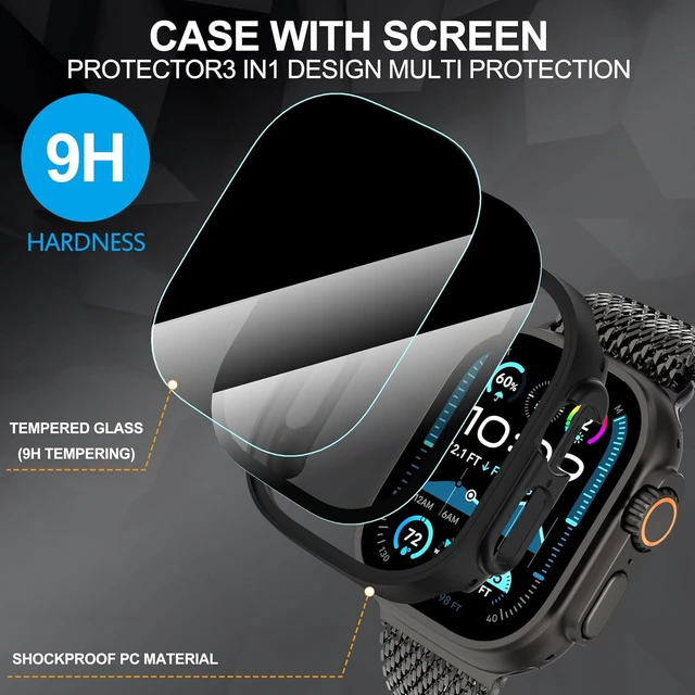 Alt view image 3 of 7 - Core Tech 3-Pack Privacy Case for Apple Watch Ultra 49mm, 9H Tempered Glass Screen Protector with Hard PC Bumper, Black