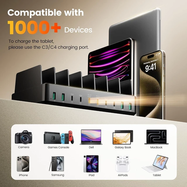 Alt view image 5 of 7 - CORE TECH 400W 10-Port USB-C and USB-A Charging Station, Dual 100W PD Ports, 8 Charging Cables, Universal Compatibility, Portable Black Design, Safe Fast Charging for Multiple Devices