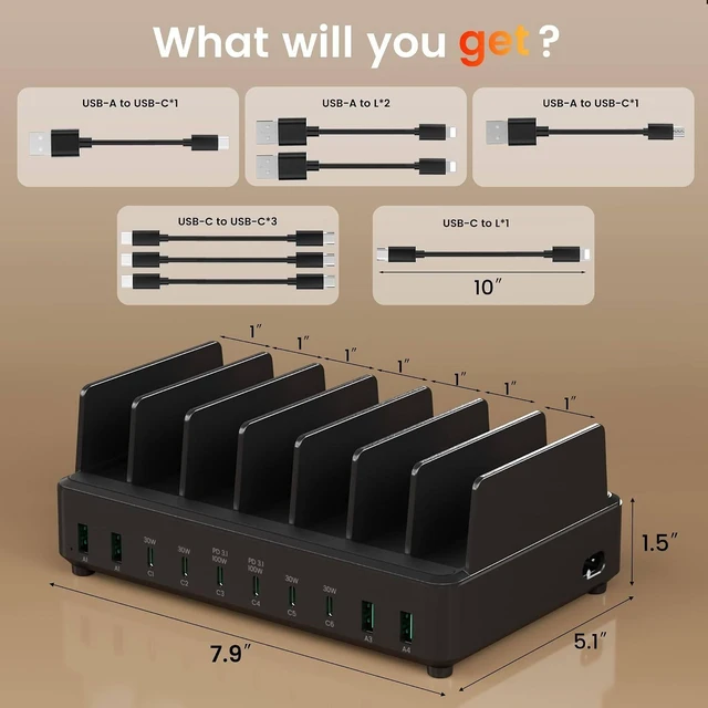 Alt view image 7 of 7 - CORE TECH 400W 10-Port USB-C and USB-A Charging Station, Dual 100W PD Ports, 8 Charging Cables, Universal Compatibility, Portable Black Design, Safe Fast Charging for Multiple Devices
