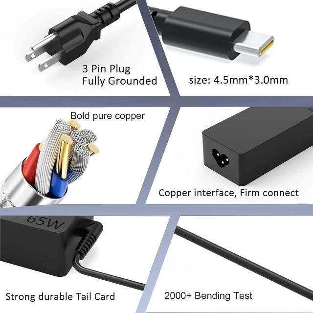 Alt view image 4 of 6 - CORE TECH 65W USB-C Laptop Charger for Select Lenovo ThinkPad, Yoga and Chromebook Models, PD AC Power Adapter, 20V 3.25A, Black