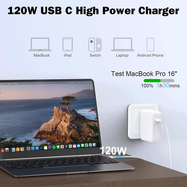 Alt view image 2 of 7 - Core Tech - 120W USB-C Fast Charger for MacBook Pro, MacBook Air, iPad Pro, Samsung Galaxy and USB-C Devices - White