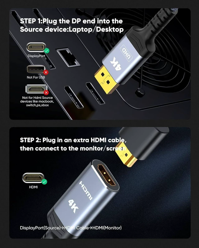 Alt view image 2 of 4 - CORE TECH DisplayPort to HDMI Adapter, 4K 60Hz, DP 1.2 Male to HDMI 2.0 Female, Unidirectional, Braided, for PC to Monitor, TV or Projector