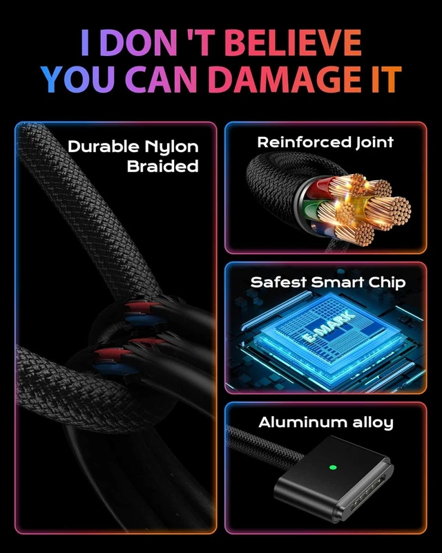 Alt view image 6 of 6 - CORE TECH USB-C to Magnetic 3 Charging Cable, Up to 140W, 6.6 ft Nylon Braided, for MacBook Air and MacBook Pro with MagSafe 3, Black