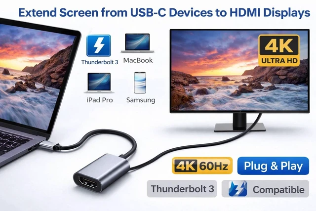 Alt view image 3 of 4 - CORE TECH USB-C to HDMI Adapter, 4K UHD, Thunderbolt 3 Compatible, USB-C Male to HDMI Female for Laptops, Tablets, Monitors, TVs and Projectors