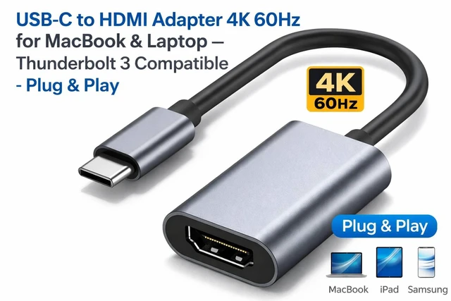 Alt view image 2 of 4 - CORE TECH USB-C to HDMI Adapter, 4K UHD, Thunderbolt 3 Compatible, USB-C Male to HDMI Female for Laptops, Tablets, Monitors, TVs and Projectors
