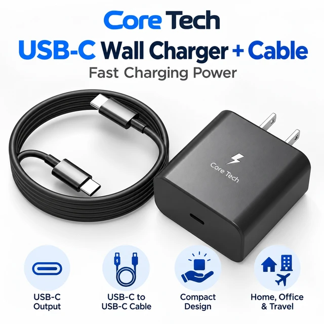 Alt view image 2 of 7 - Core Tech 45W USB-C Fast Wall Charger with 6ft USB-C to USB-C Cable, Power Delivery Adapter for Samsung Galaxy S26/S25/S24/S23 and Galaxy Tab, Black